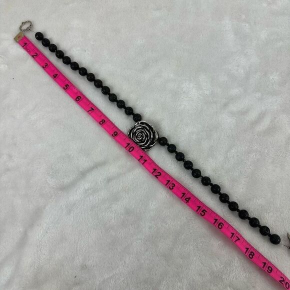 Artisan Lava Stone Beaded Necklace With Silver Tone Rosette Pendant Statement - Picture 4 of 4